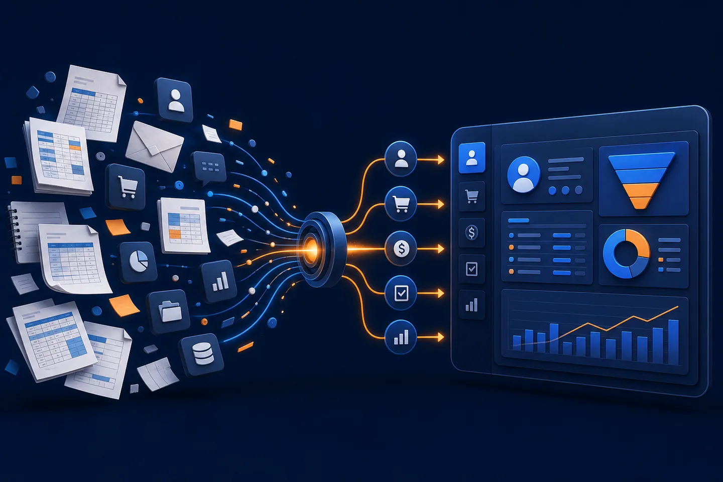 Scattered spreadsheets, messages, and records transforming into one connected business platform